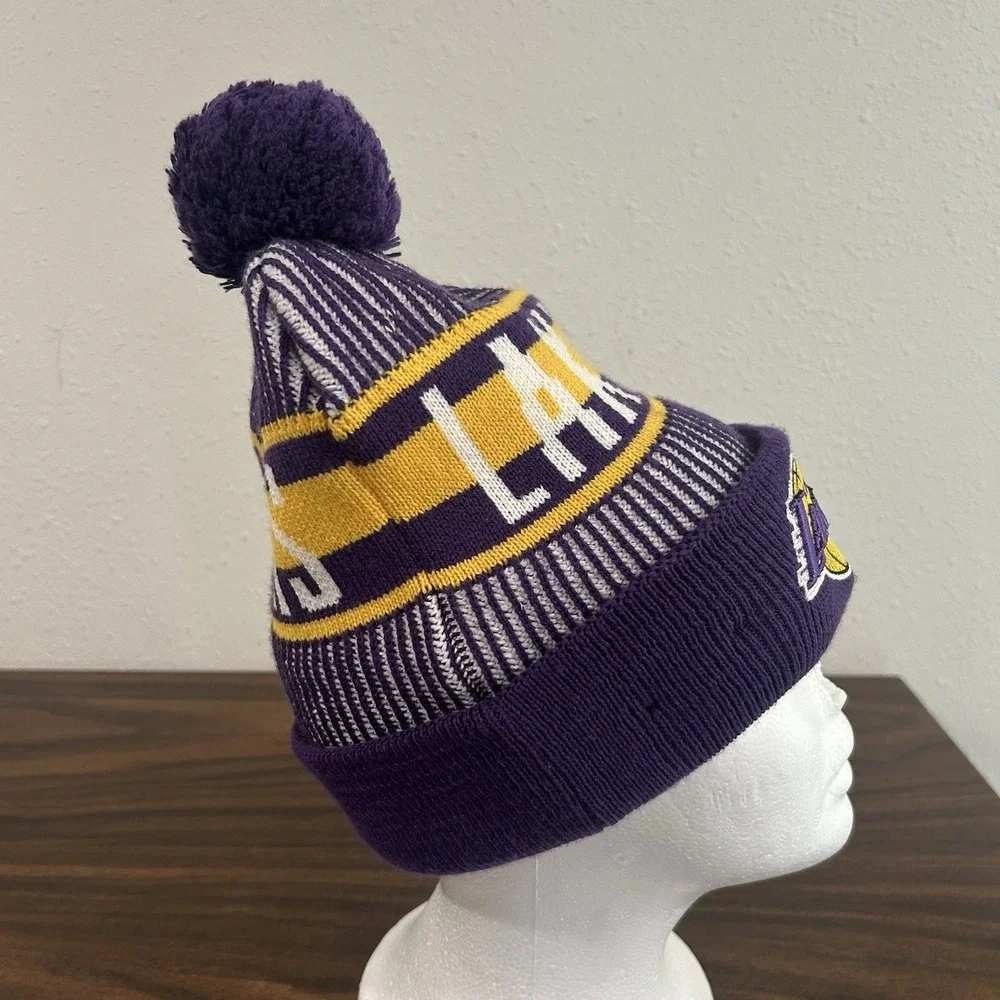 New Era Los Angeles Lakers Beanie Knit Hat Pom Cuffed Purple Gold One Size LA
